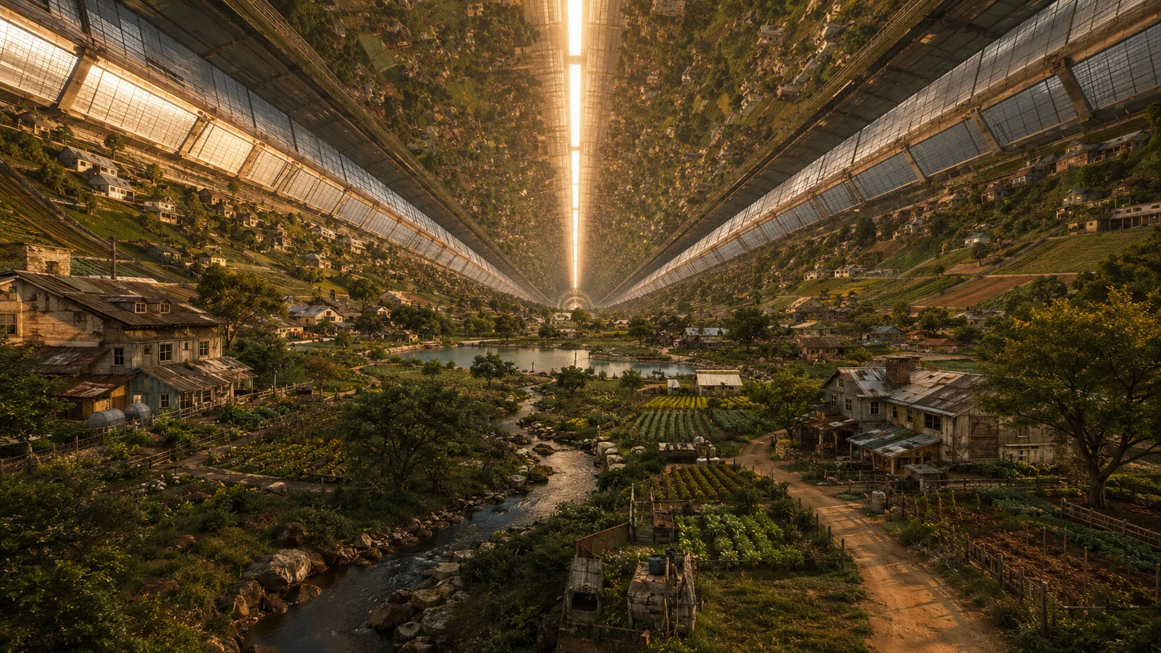 An interstellar generation ship rendered as a rotating O'Neill cylinder: centrifugal gravity, full radiation shielding, an axial artificial sun, a closed water cycle. Fourteen generations of inhabitants have shaped the inner landscape — strip agriculture, weathered wooden houses, a stream that returns to the lake it came from. This is the geometry physics permits, once you accept that the voyage outlasts a lifetime.