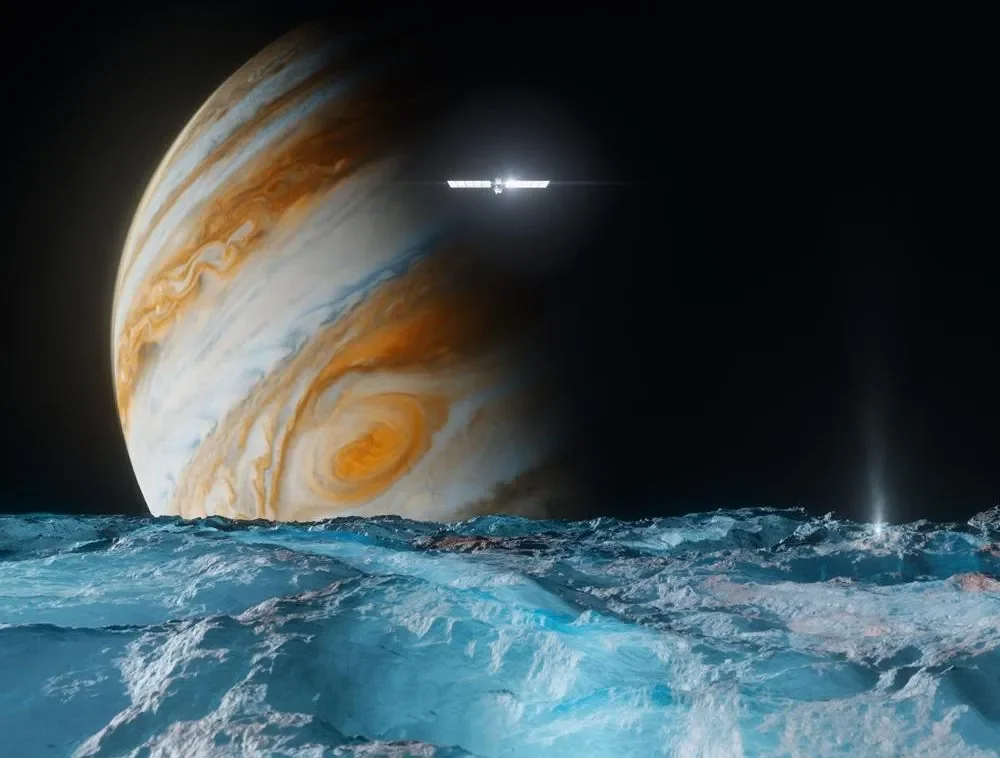 An artist's concept of Europa Clipper flying above Europa's icy surface.