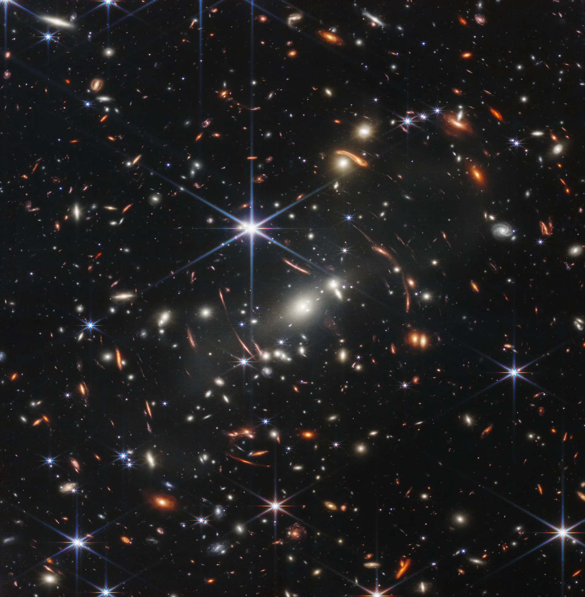 Webb's First Deep Field — galaxy cluster SMACS 0723 imaged by the James Webb Space Telescope, with thousands of galaxies including faint, gravitationally lensed objects from the early universe