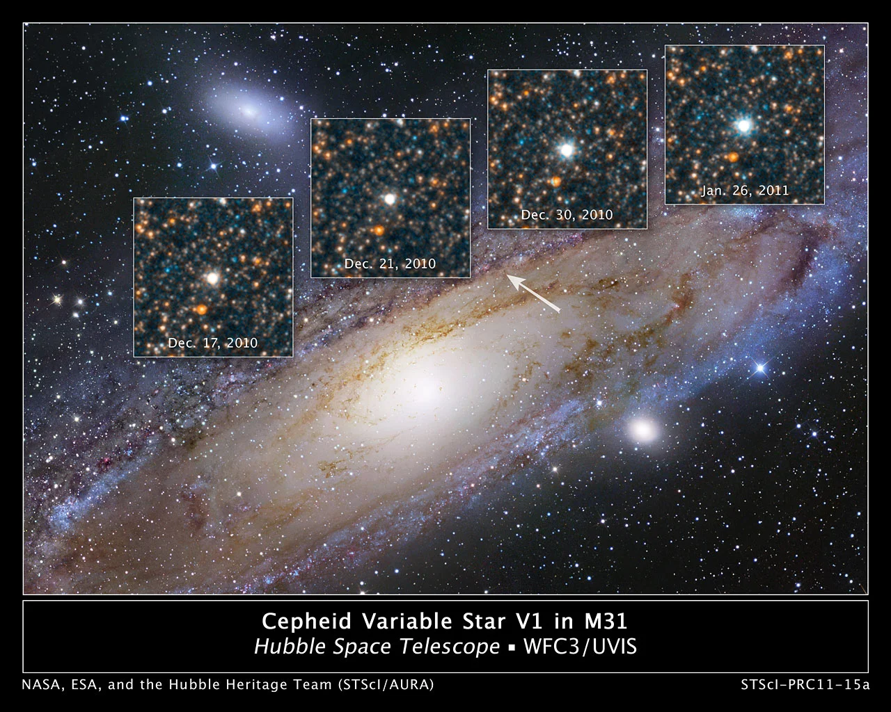 The Cepheid variable V1 in the Andromeda Galaxy, imaged by the Hubble Space Telescope — the same star Edwin Hubble identified in 1923 to prove that spiral nebulae lie beyond the Milky Way.