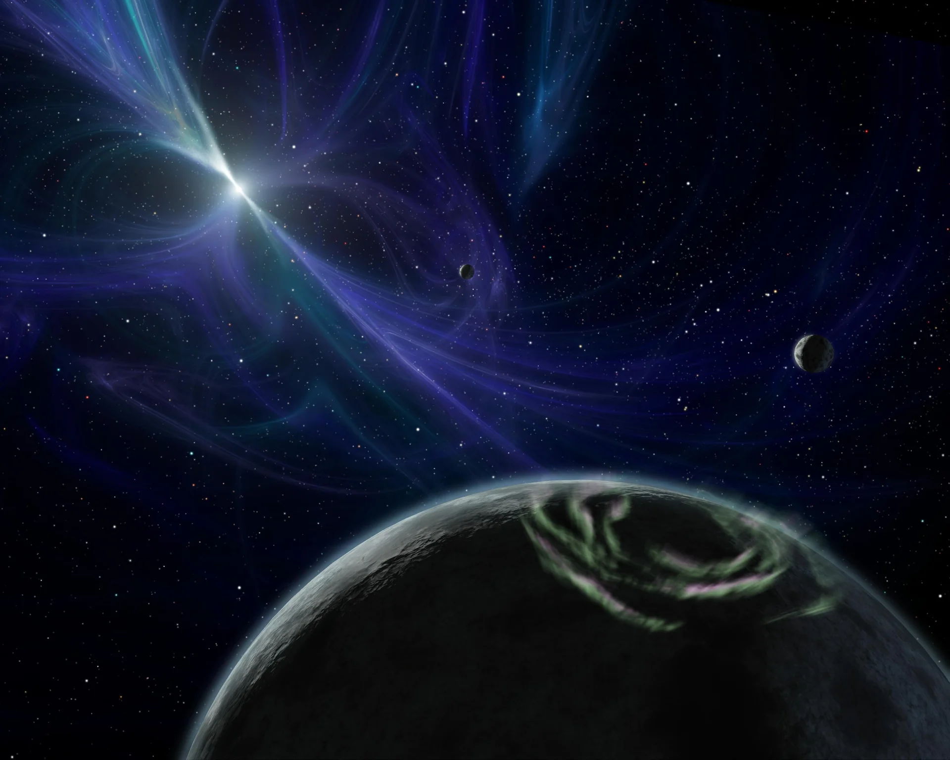 Artist's concept showing a millisecond pulsar at centre with its twisted blue magnetic field lines, and three rocky planets in orbit around it, with auroral light illustrated on the foreground planet's night side.
