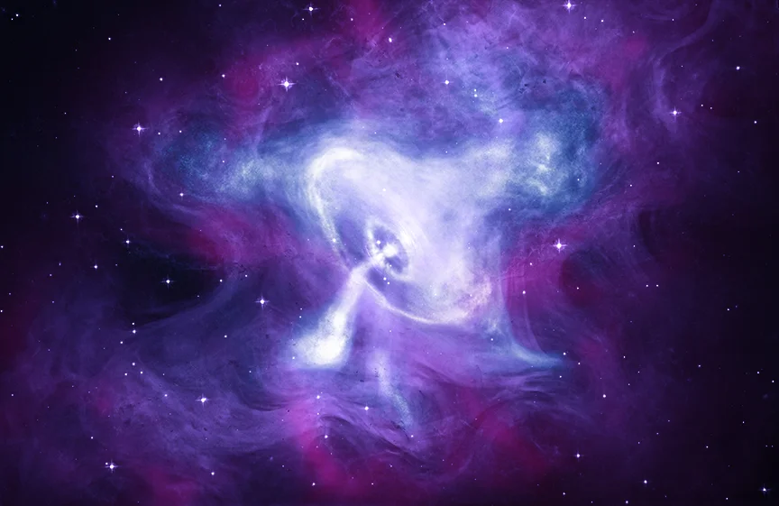 Composite image of the Crab Nebula — powered by a pulsar spinning 30 times per second at its core — combining X-ray, optical, and infrared data from Chandra, Hubble, and Spitzer