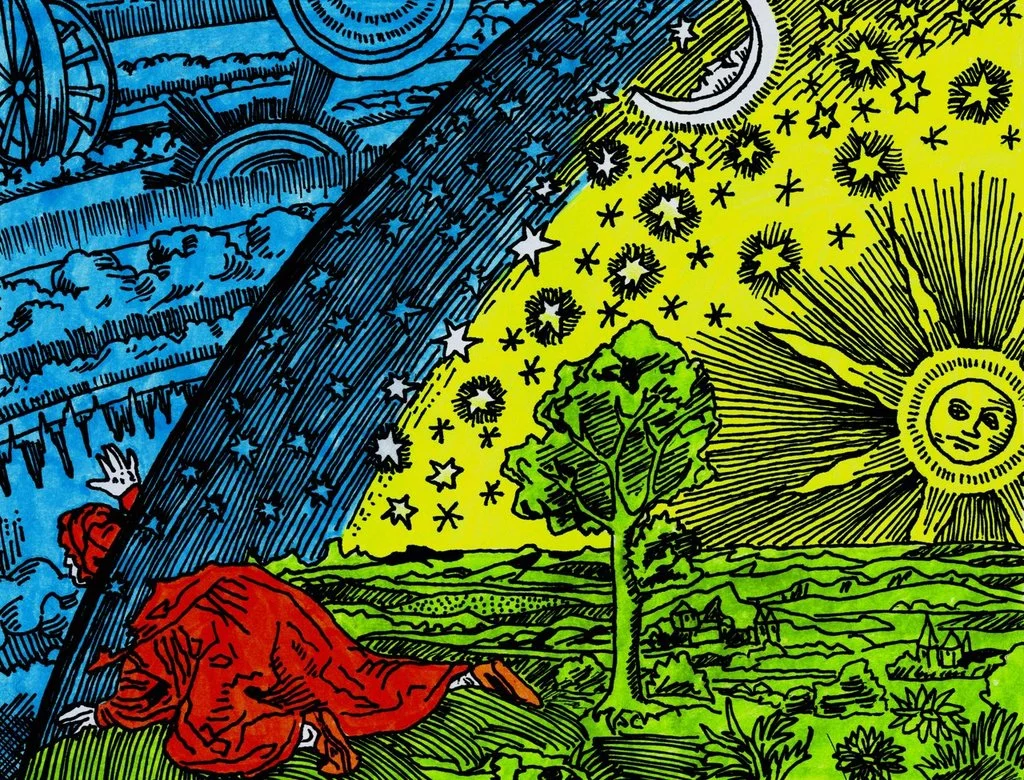 Flammarion engraving of a man peering beyond the celestial sphere